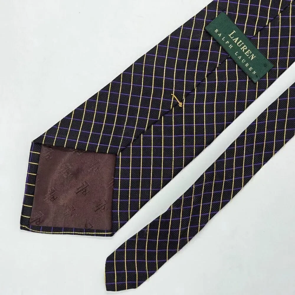 LAUREN RALPH LAUREN LRL SILK TIE BLACK PURPLE YELLOW STRIPE SATIN 4